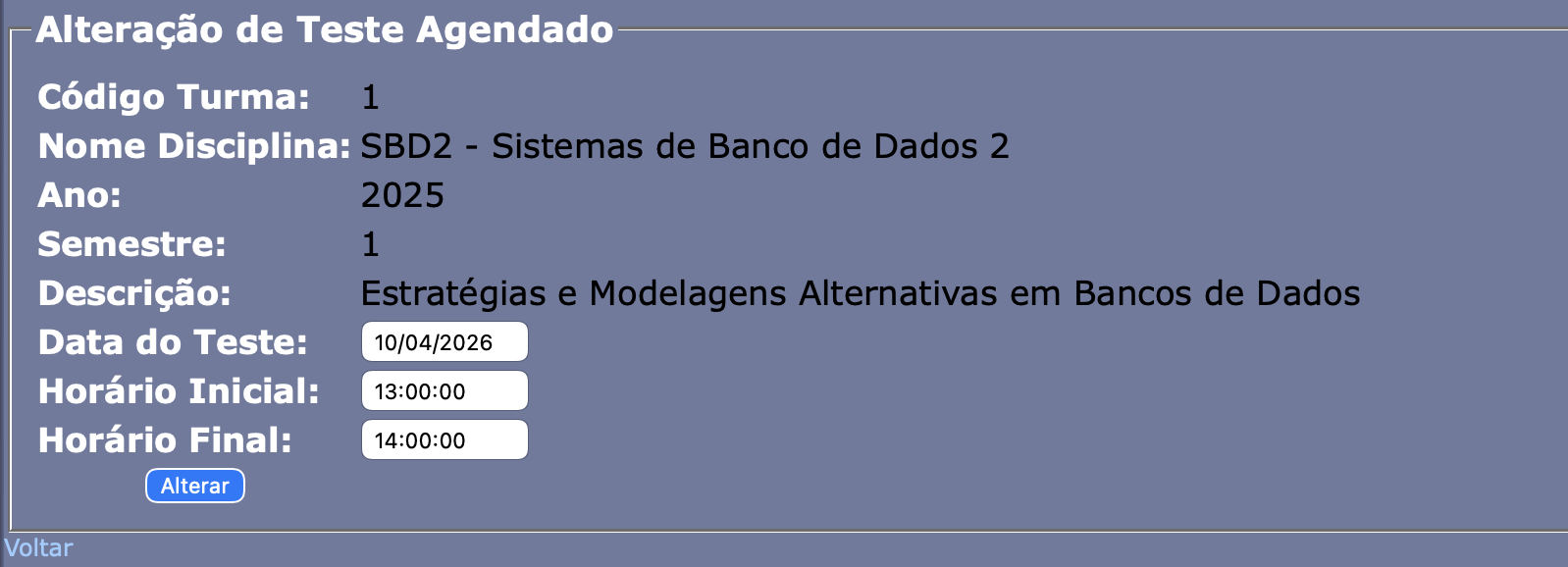 tela de modificação do agendamento de teste